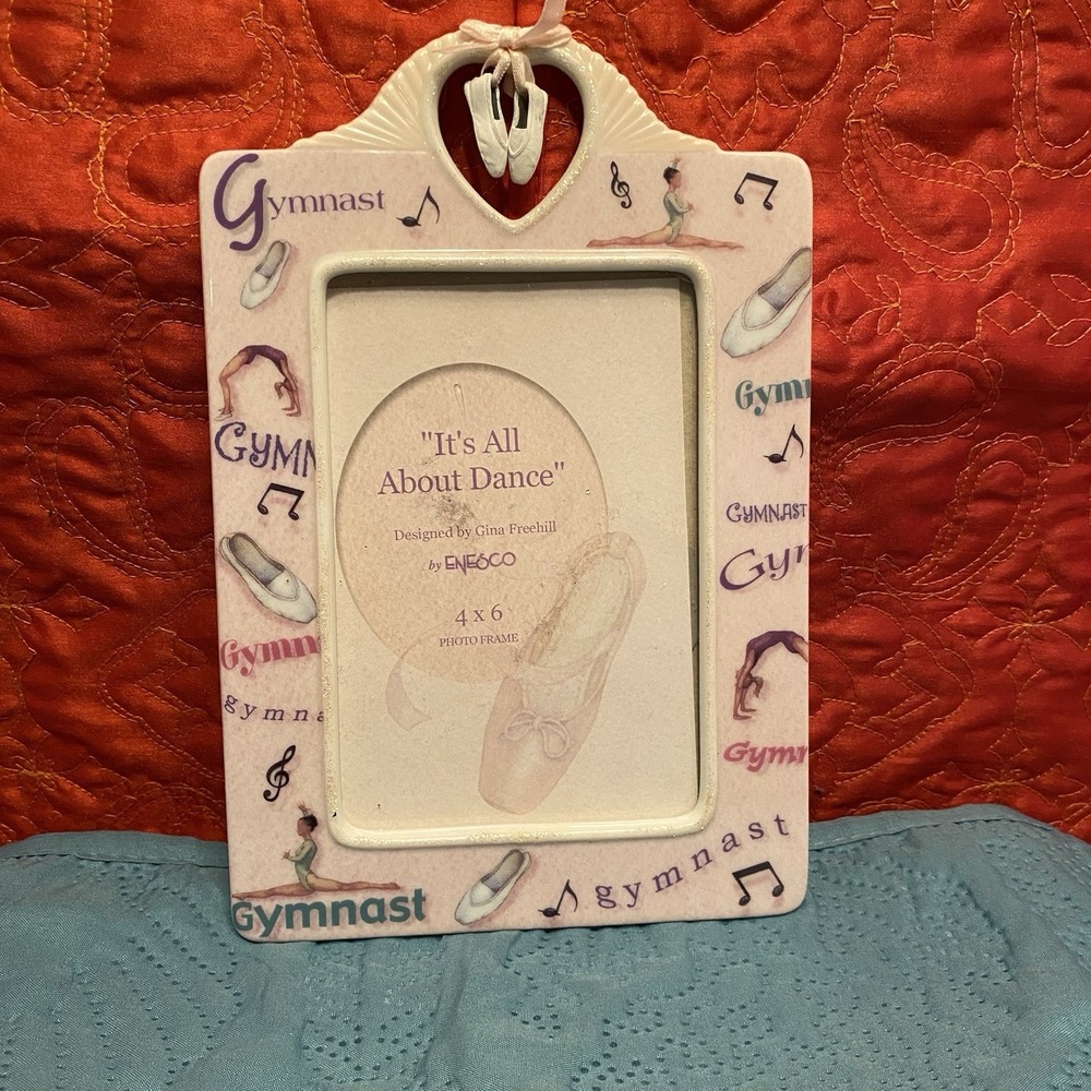 VTG Enesco GYMNAST‎ Theme 4x6 Frame Ceramic 3D Gym Shoes Hanging Pink White Gift